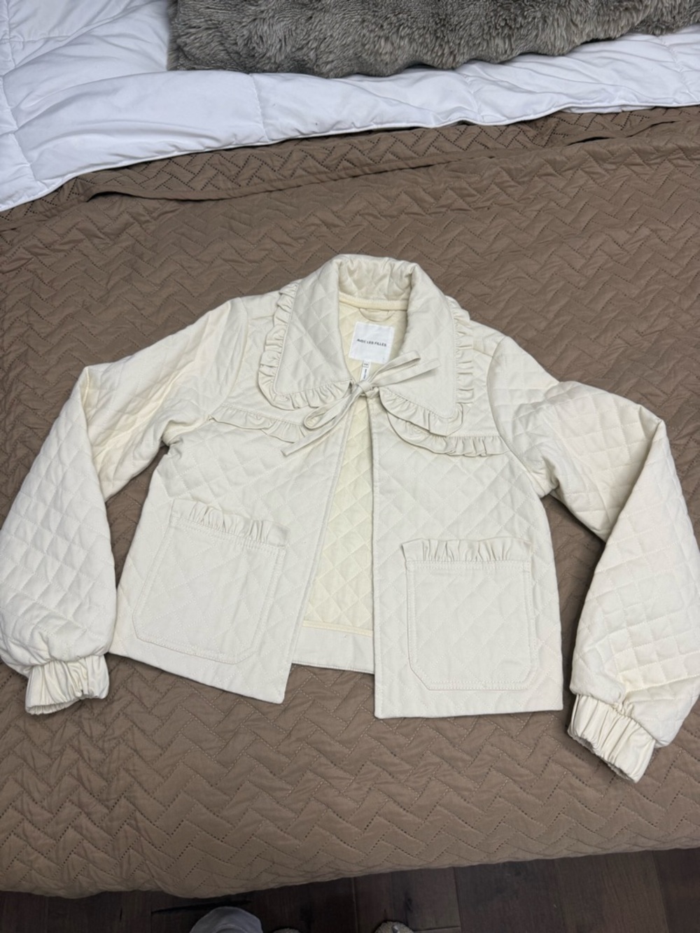 Avec Les Filles Cream Quilted Ruffle-Trim Jacket